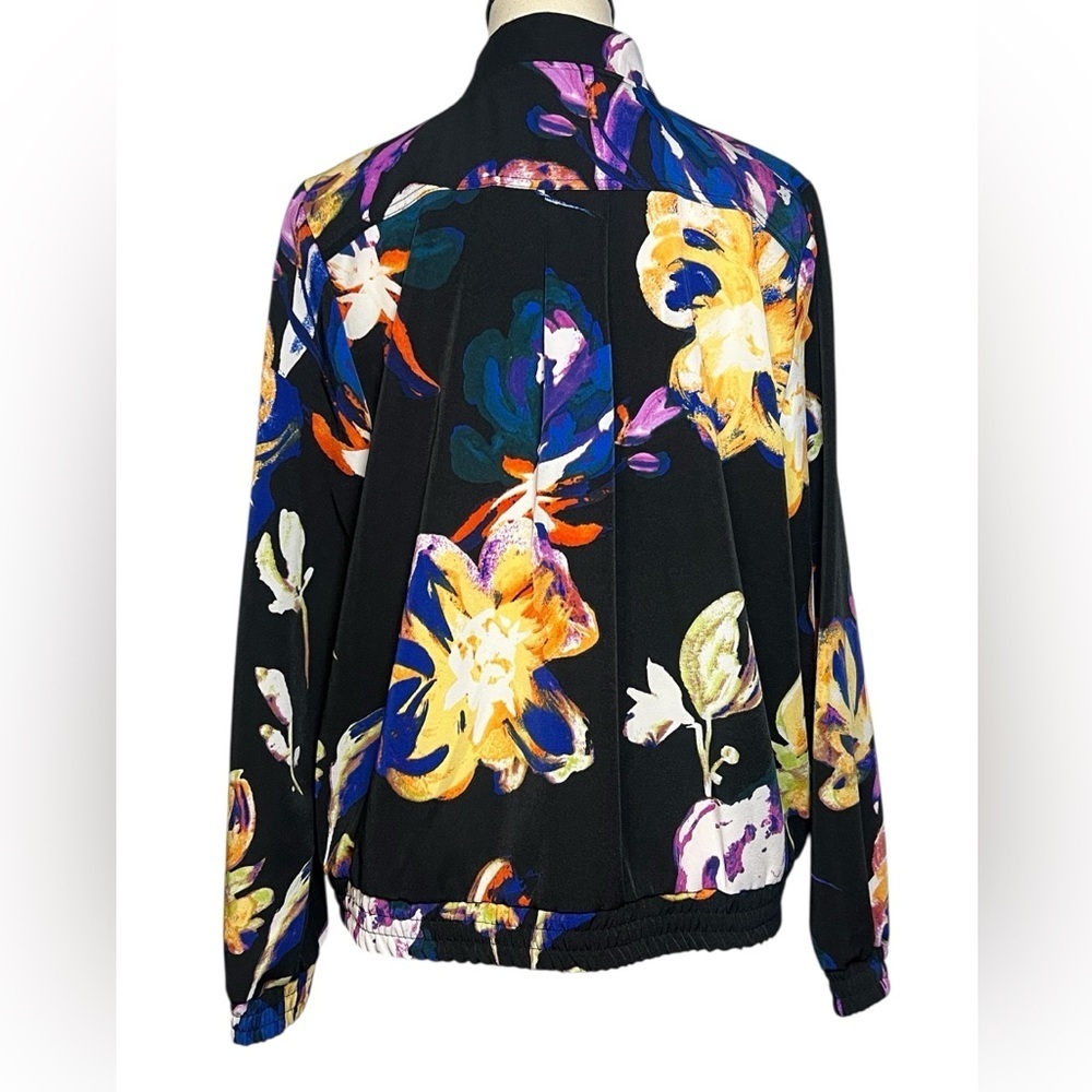 Susan Graver Floral Print Full Zip Bomber Jacket Gold tone zipper pockets Small - Picture 5 of 9